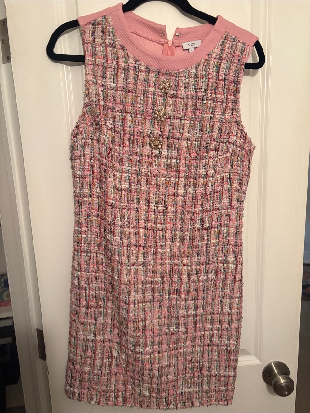 VOY Pink Tweed Sleeveless Shift Dress with Decorative Buttons